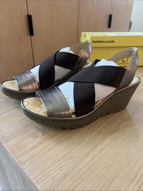 Fly London Silver and Bronze Idra Crisscross Wedge Sandals